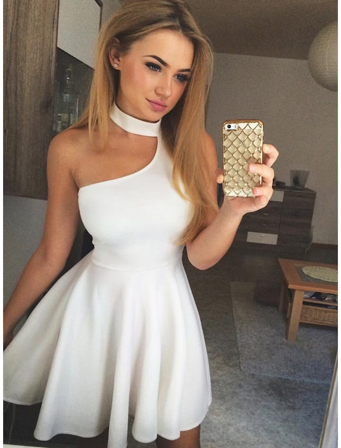 Luolandi A-Line Cocktail Dresses Minimalist Dress Party Wear Short / Mini Sleeveless Halter Fabric Homecoming Dress